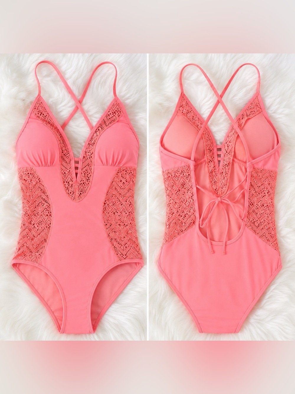 Orange Lace-Up One-Piece Swimsuit with Crochet Detail